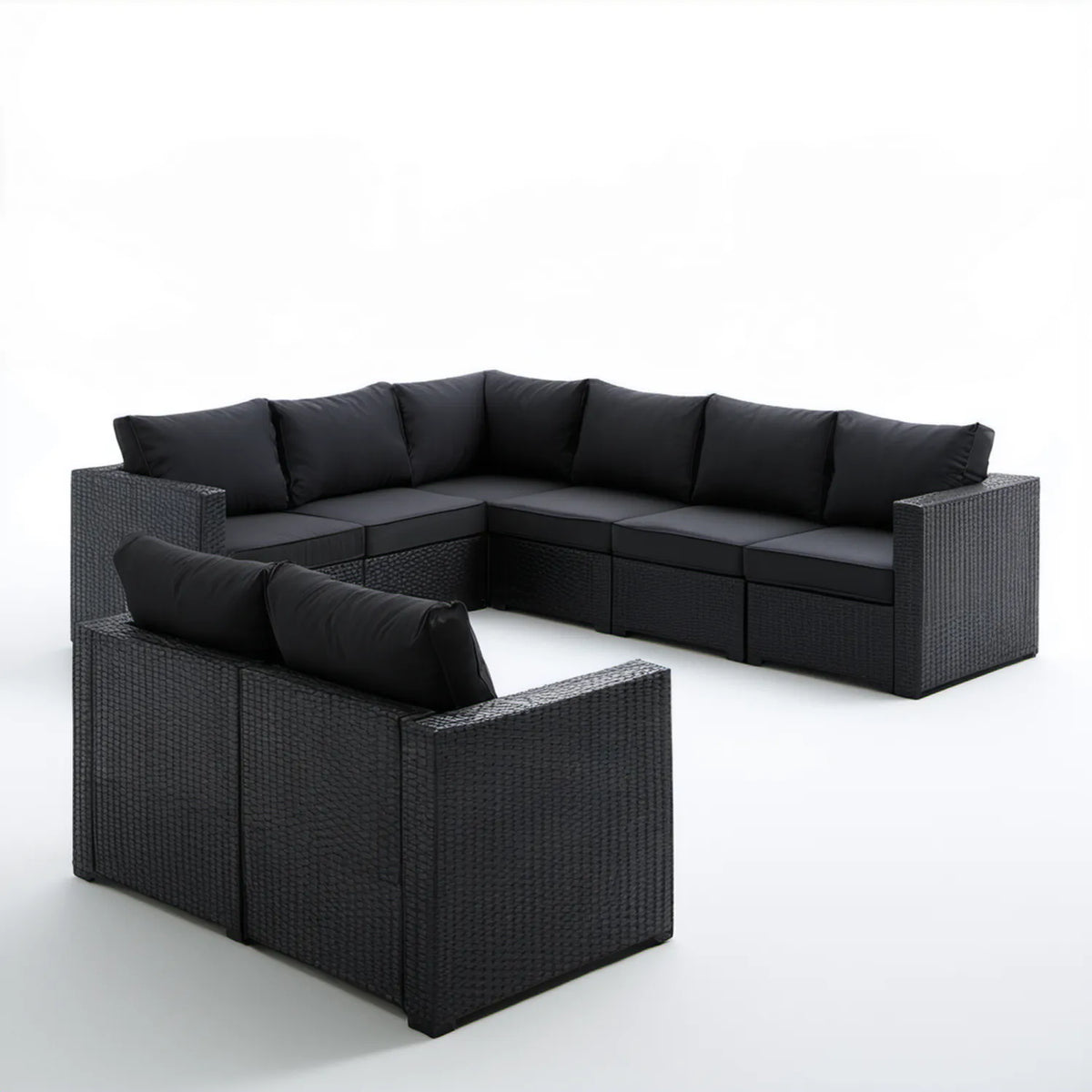 Czarny modułowy zestaw wypoczynkowy z technorattanu w układzie U, 388 × 210 × 60 cm