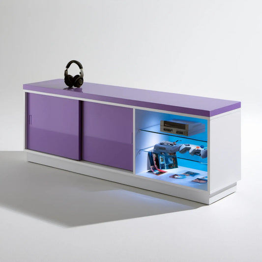 Biało-fioletowa szafka gamingowa z oświetleniem LED i szklanymi półkami 120 × 40 × 60 cm