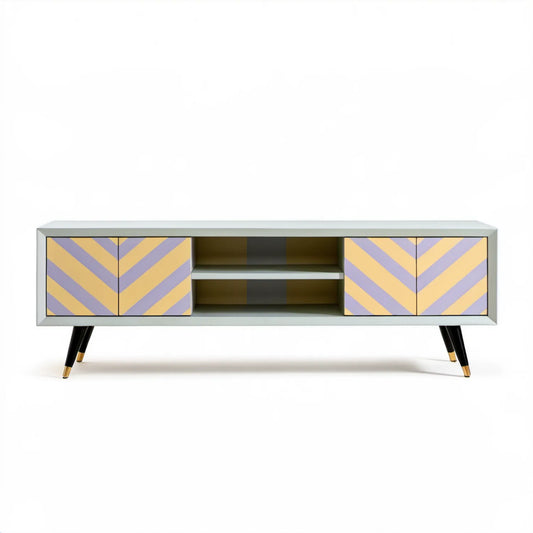 Komoda RTV 180 x 40 x 60 cm jasnoszara z żółto-jasnofioletowymi frontami w jodełkę