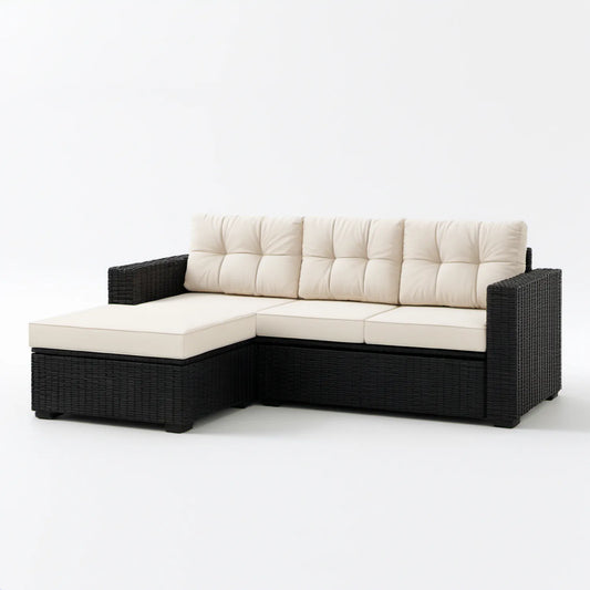 Narożna sofa ogrodowa z lewostronną leżanką, czarno-kremowa, 210 × 150 × 70 cm, technorattan PP