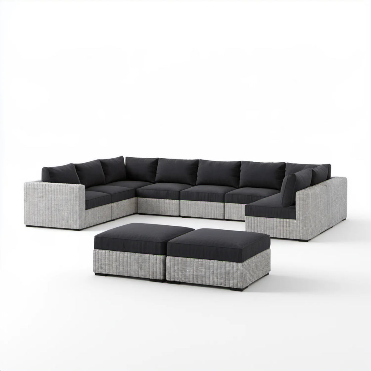 Modułowy zestaw wypoczynkowy w kształcie U z technorattanu PE, szaro-czarny, 330 x 220 x 70 cm, z 2 pufami