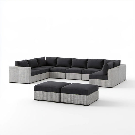 Modułowy zestaw wypoczynkowy w kształcie U z technorattanu PE, szaro-czarny, 330 x 220 x 70 cm, z 2 pufami