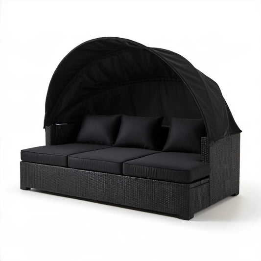 Czarna trzyosobowa sofa ogrodowa z regulowanym baldachimem 200 × 130 × 170 cm