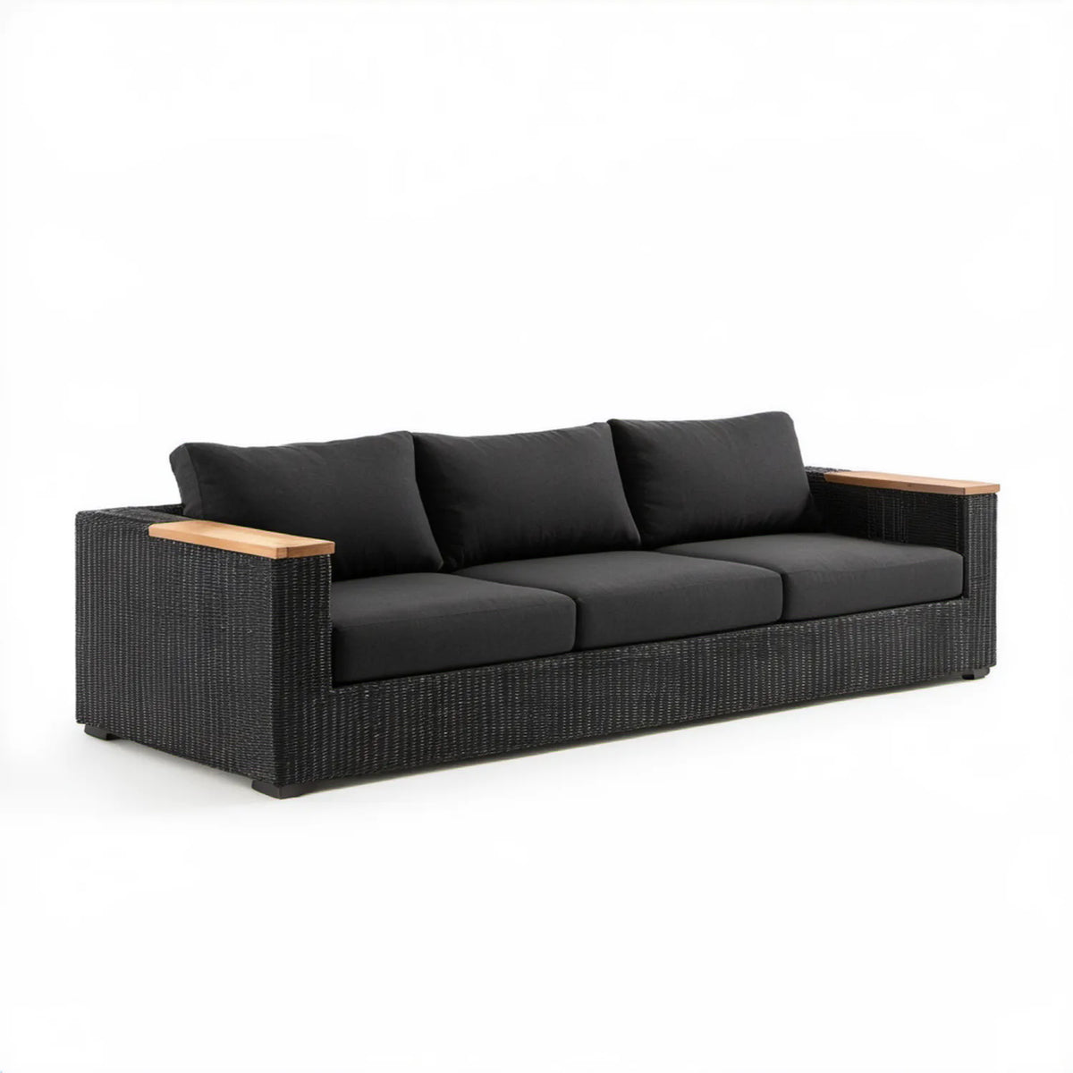 3-osobowa sofa ogrodowa z technorattanu i aluminium, czarna z naturalnym brązem, 200 x 75 x 65 cm