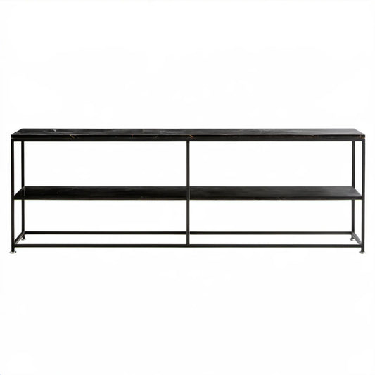 Czarna szafka RTV w stylu industrialnym 180 x 40 x 60 cm z półką MDF i stalowym stelażem