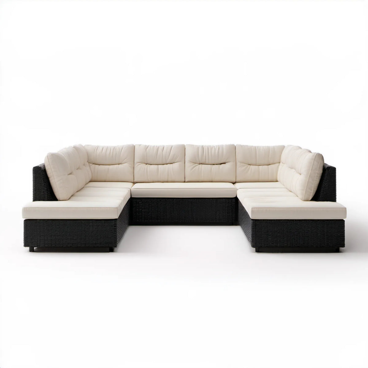 Modułowa sofa ogrodowa w kształcie U z technorattanu PE, czarno-kremowa, 300 x 220 x 70 cm