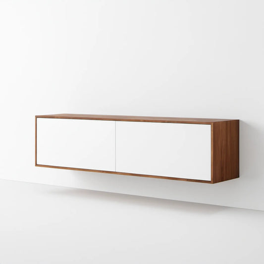 Wisząca szafka RTV 140 x 30 x 35 cm Biała Orzechowa z frontami MDF