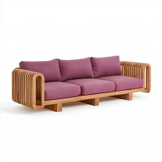 3-osobowa sofa ogrodowa z litego drewna tekowego, naturalna/fioletowo-śliwkowa, 220 × 85 × 75 cm