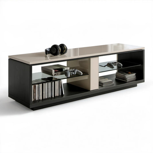 Szafka RTV z półkami 180 x 40 x 50 cm Czarna/Srebrna, MDF i szkło hartowane