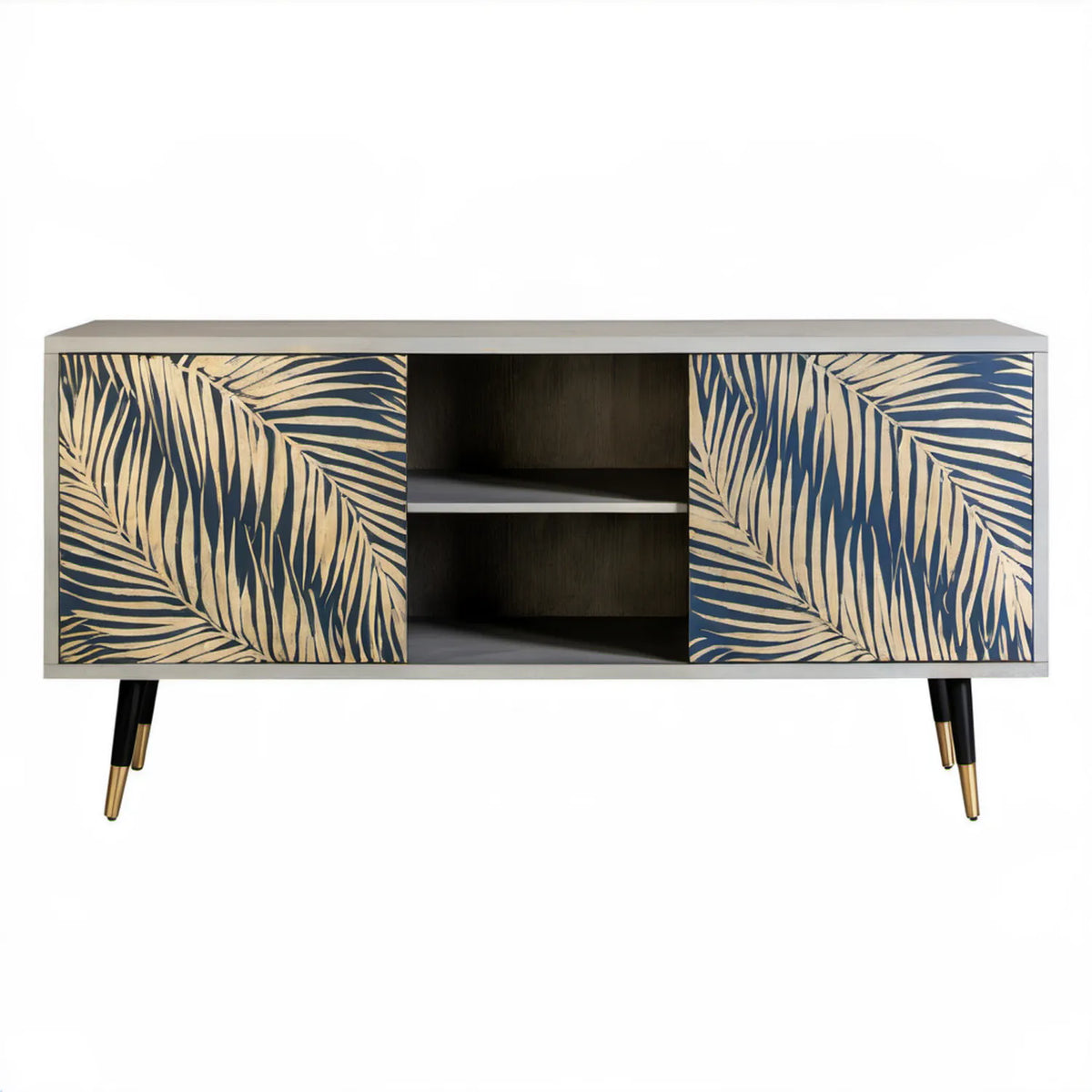 Szafka RTV glamour z przesuwnymi frontami w liście palmowe, szaro-granatowo-złota, 120 x 40 x 75 cm