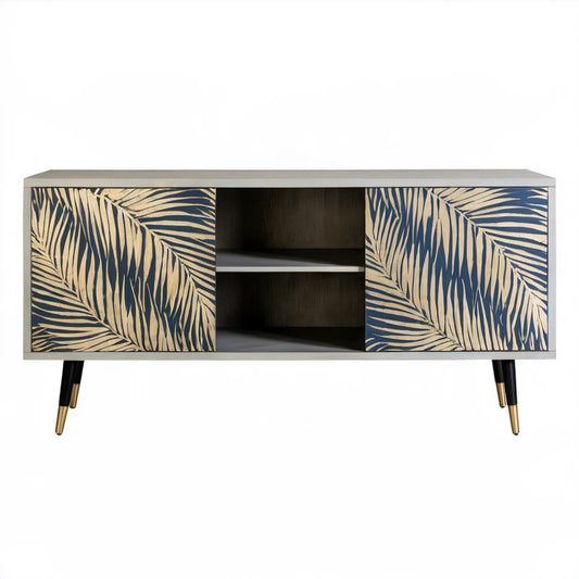 Szafka RTV glamour z przesuwnymi frontami w liście palmowe, szaro-granatowo-złota, 120 x 40 x 75 cm